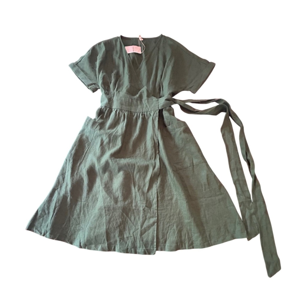 Grae Cove Wrap Dress Large Green 100% Linen Short Sleeve Midi Pocket Minimalist